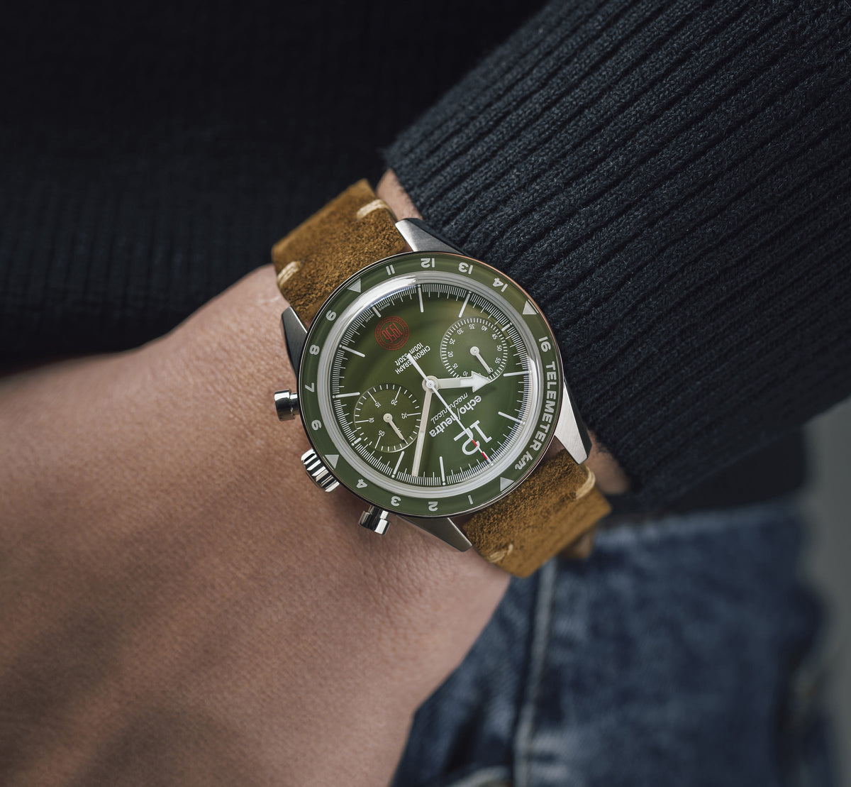 1956 Cronografo Alpine Green - Gomma Tropicale Nera / Pelle Vintage Nera