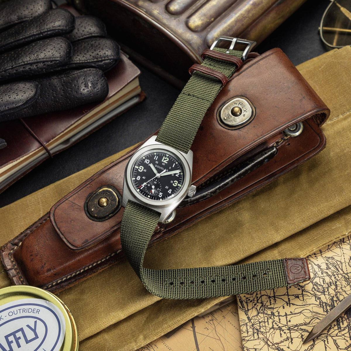 Outrider Professional Mecaquartz 38 Field Watch – Black - Green Nylon & Leather Strap