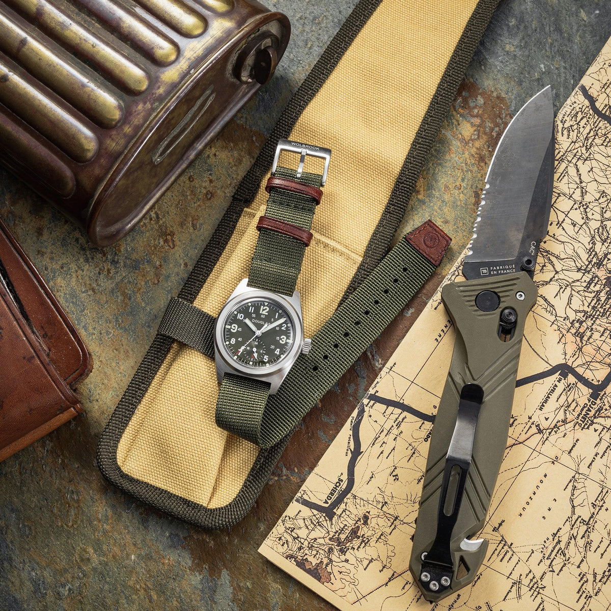 Outrider Professional Mecaquartz 38 Field Watch – French Army Green - Green Nylon & Leather Strap