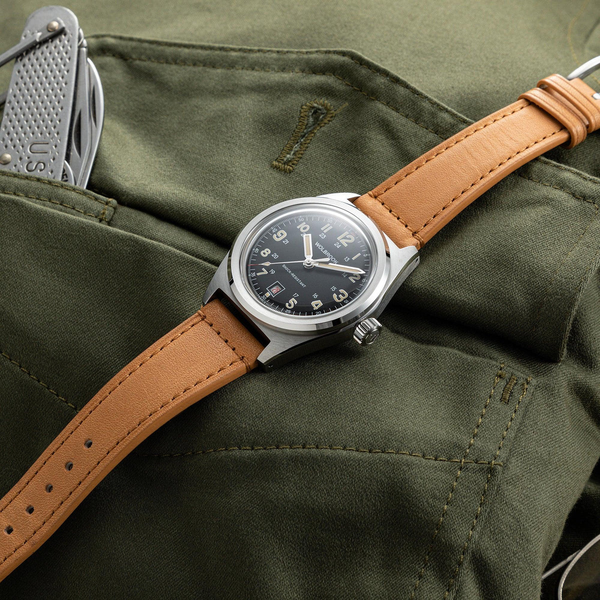 Outrider Automatic Watch - Black Vintage - Camel Leather Strap