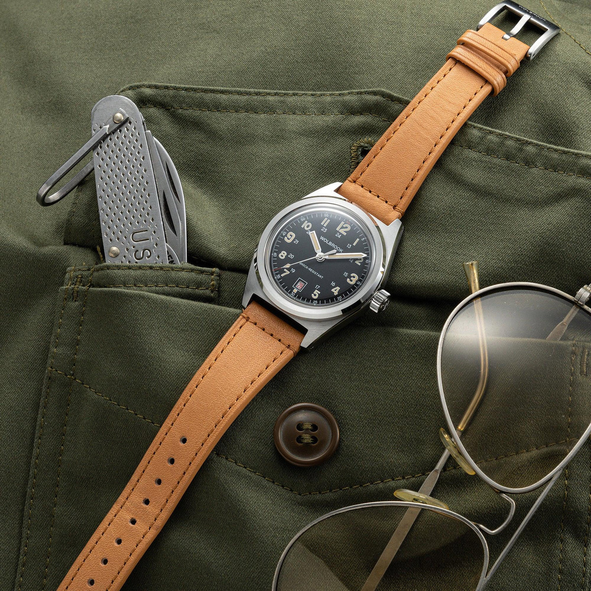 Outrider Automatic Watch - Black Vintage - Camel Leather Strap