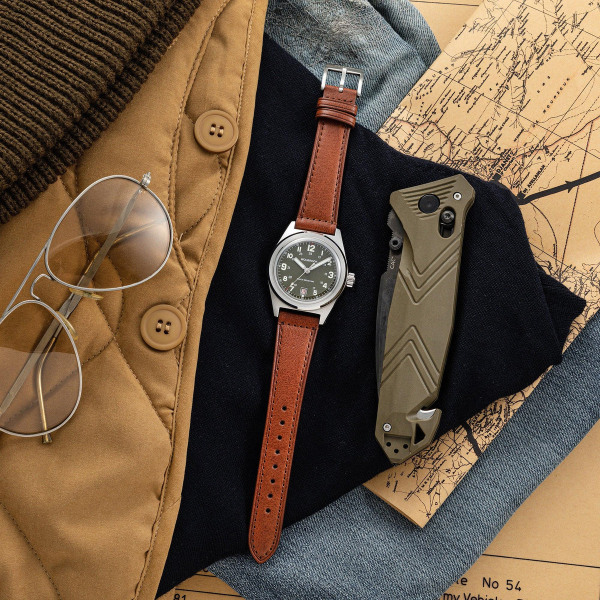 Outrider Automatic Watch – French Army Green - Brown Leather Strap