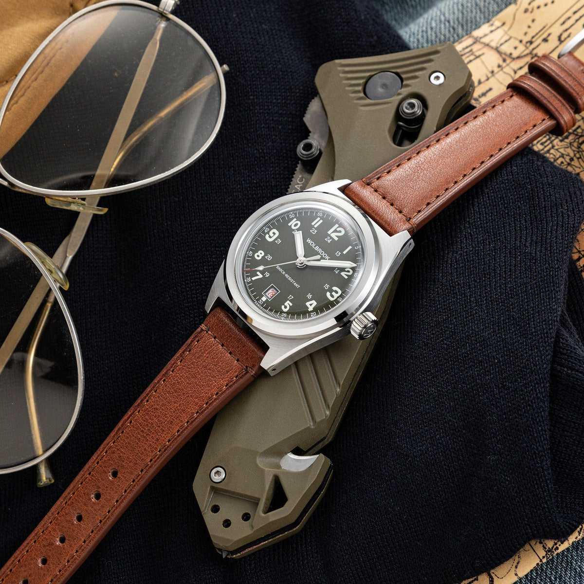 Outrider Automatic Watch – French Army Green - Brown Leather Strap