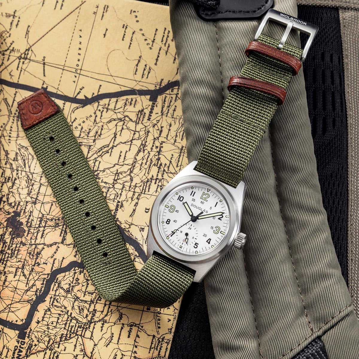 Outrider Professional Mecaquartz 38 Field Watch – White - Green Nylon & Leather Strap
