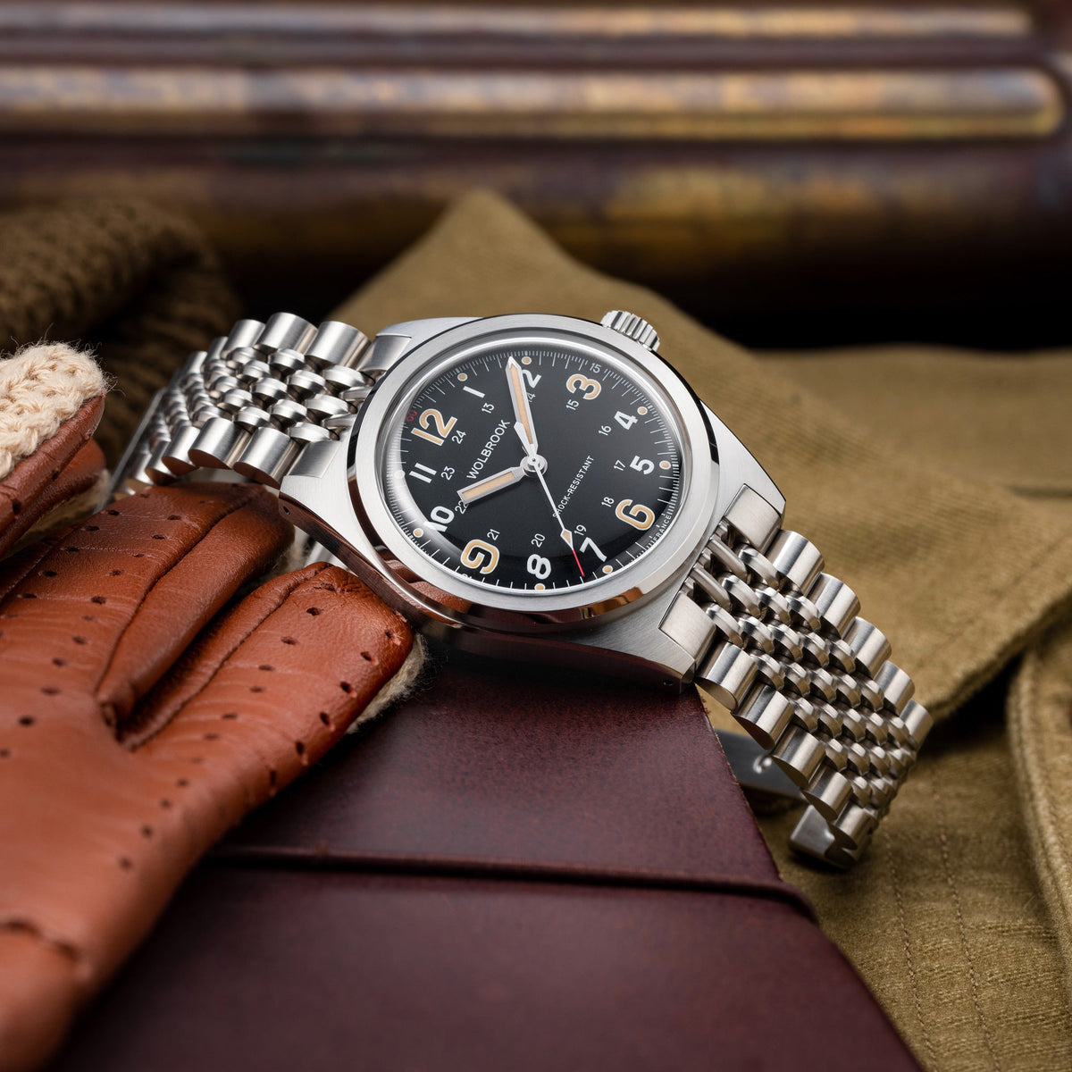 Outrider Automatic Watch – Black Vintage, No Date - Camel Leather Strap