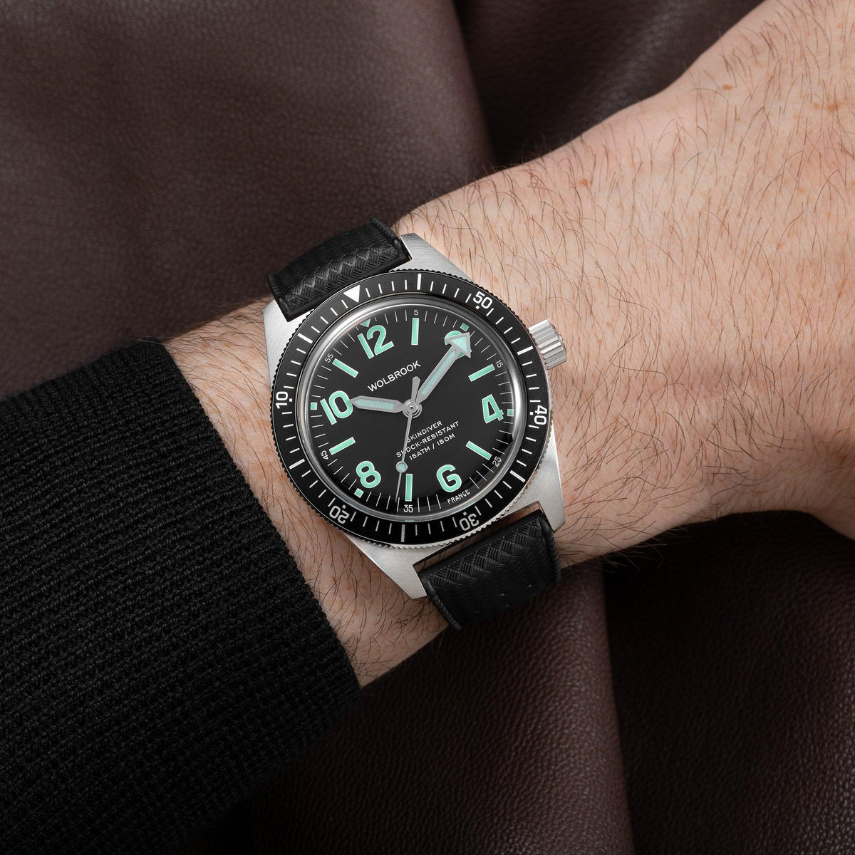 Skindiver Automatic Watch - Green Lum & Black Dial - Black "Tropic" Rubber Strap