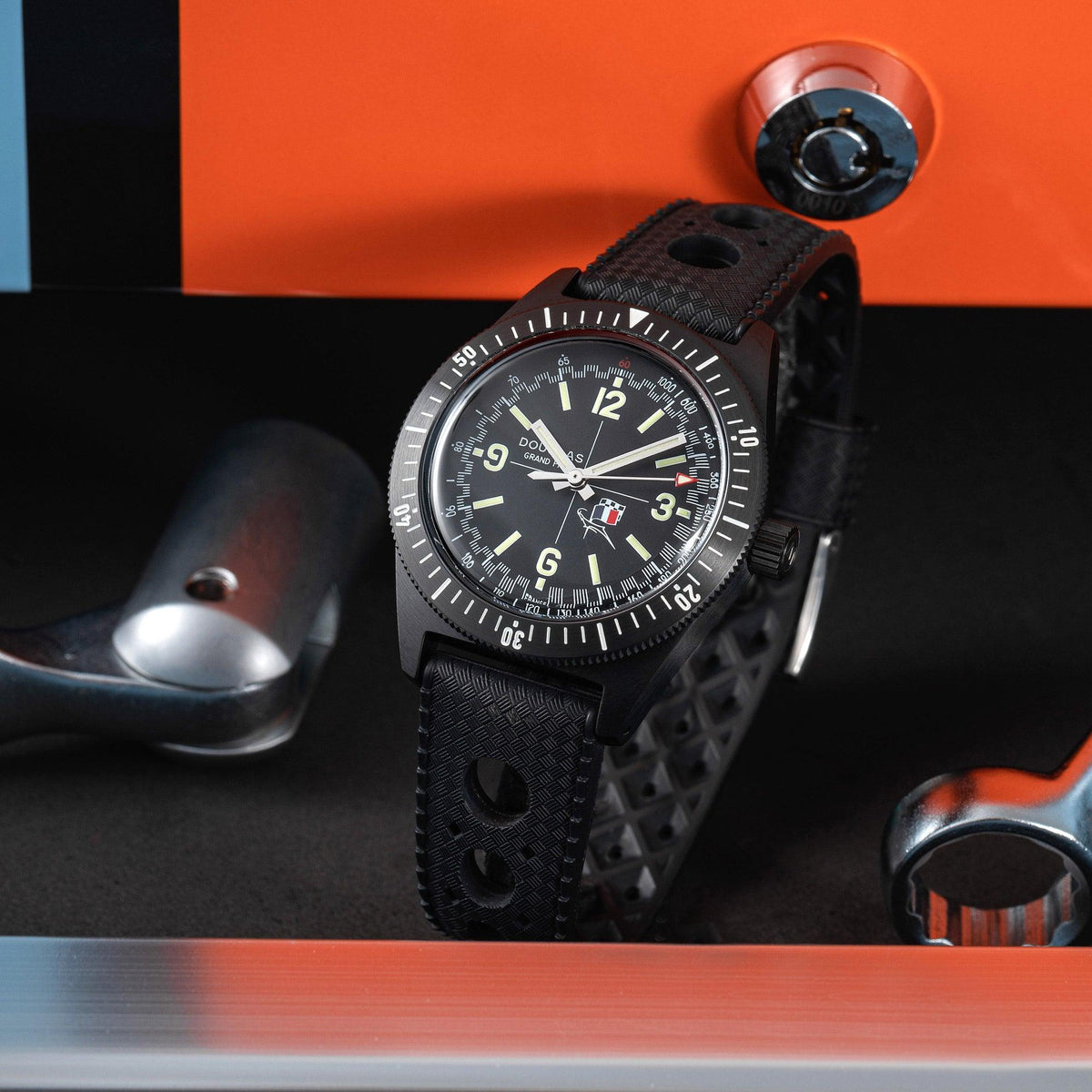 Douglas Grand Prix Professional Racing Watch - Black PVD - René Bonnet Djet 1962 Limited Edition - Black Rally Leather Strap