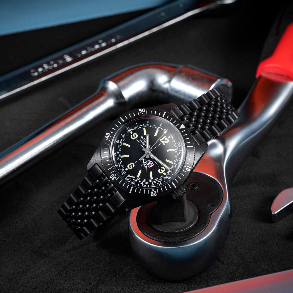 Douglas Grand Prix Professional Racing Watch - Black PVD - René Bonnet Djet 1962 Limited Edition - Black Rally Leather Strap