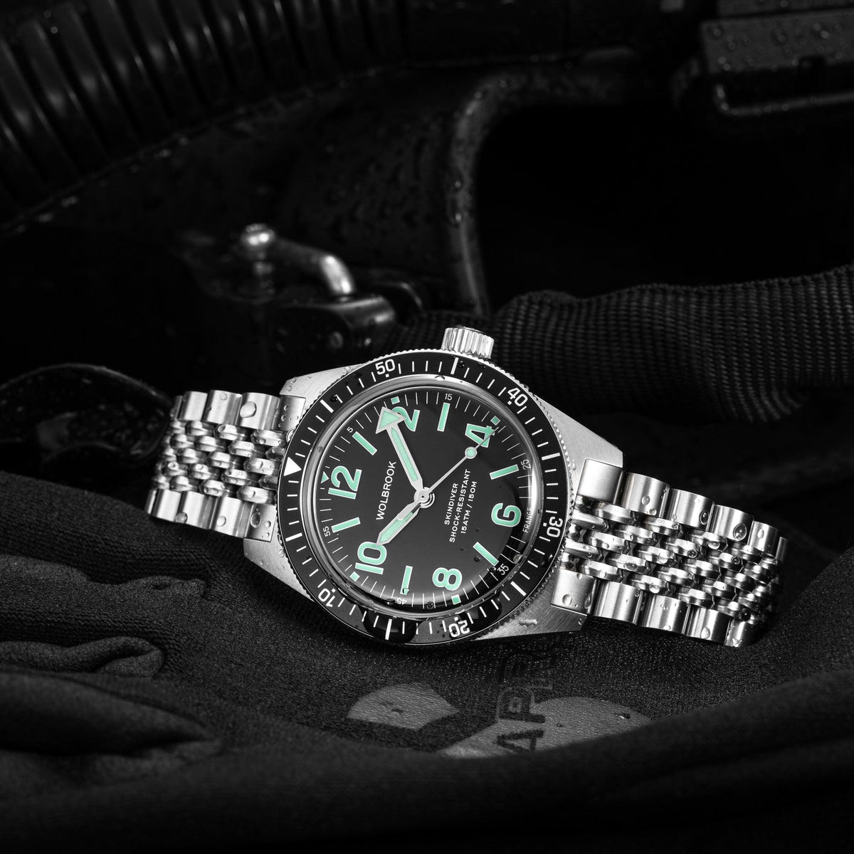 Skindiver Automatic Watch - Green Lum & Black Dial - Black "Tropic" Rubber Strap