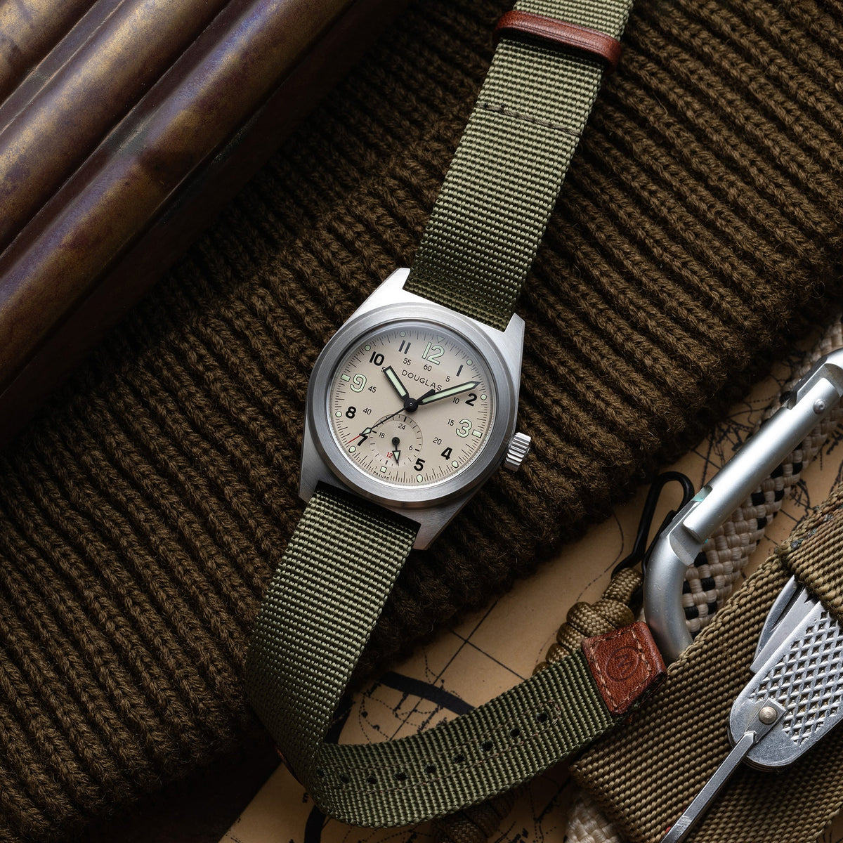 Outrider Professional Mecaquartz 38 Field Watch – Desert Sand - Green Nylon & Leather Strap