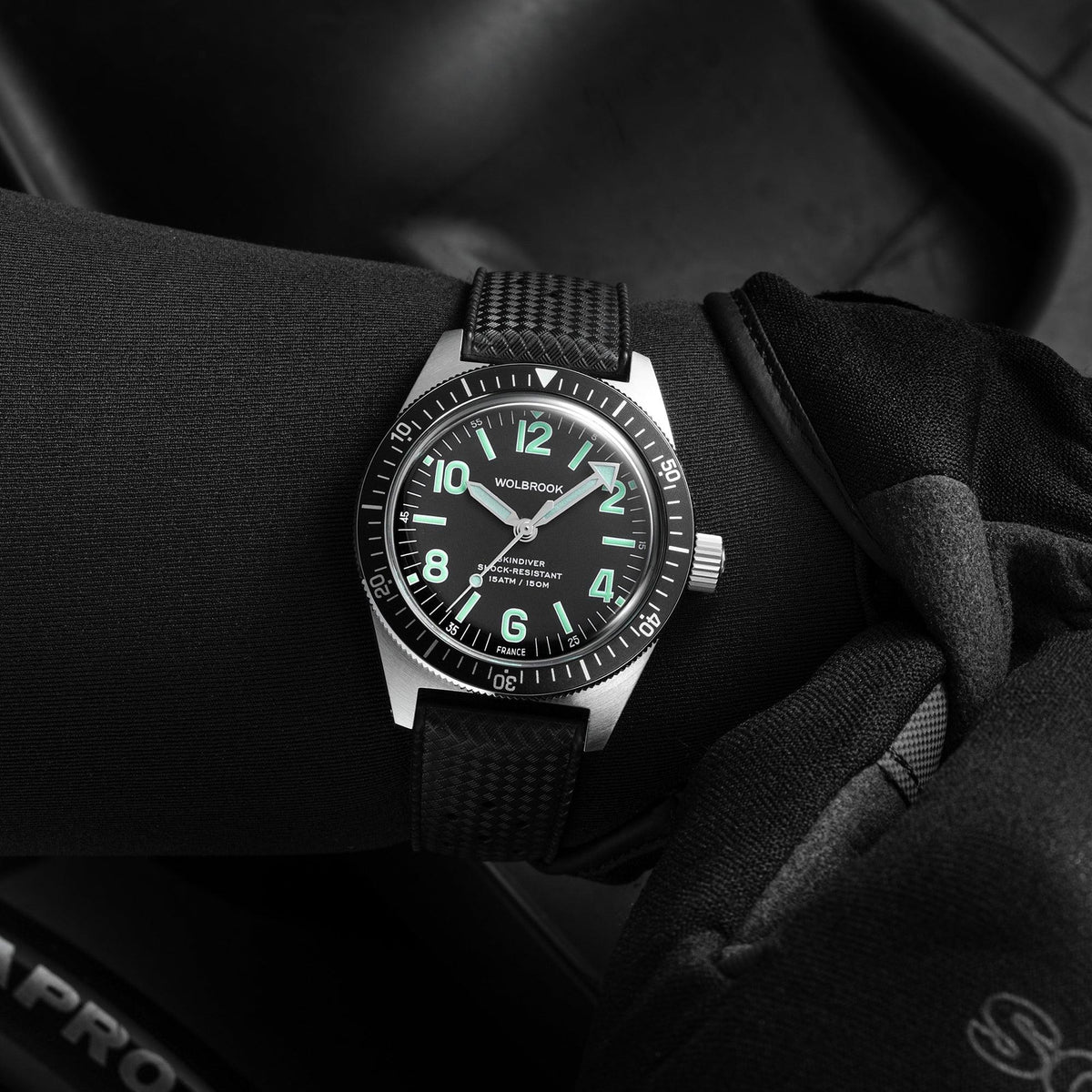 Skindiver Automatic Watch - Green Lum & Black Dial - Black "Tropic" Rubber Strap