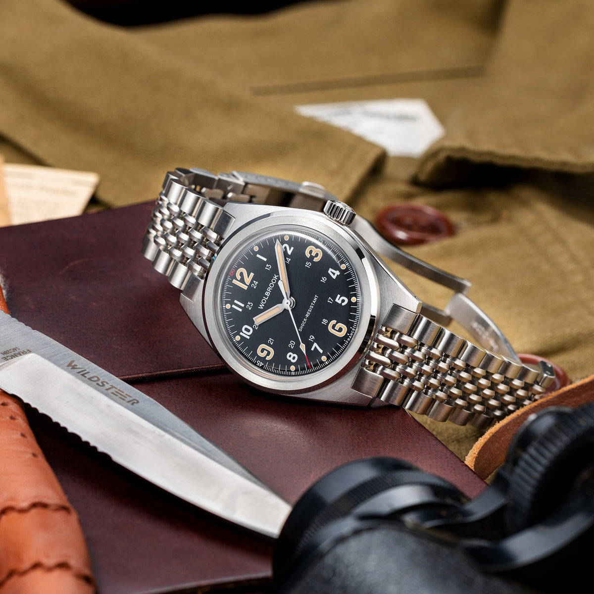 Outrider Automatic Watch – Black Vintage, No Date - Camel Leather Strap
