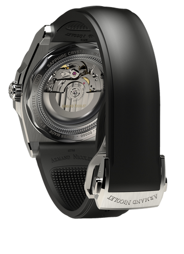 mechanical automatic silvered watch with black rubber strap