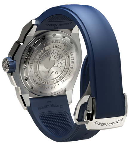 mechanical automatic silvered watch with blue rubber strap