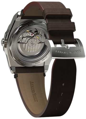 mechanical automatic silvered watch with brown vintage calf strap