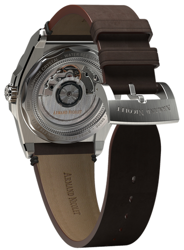 mechanical automatic silvered watch with brown vintage calf strap
