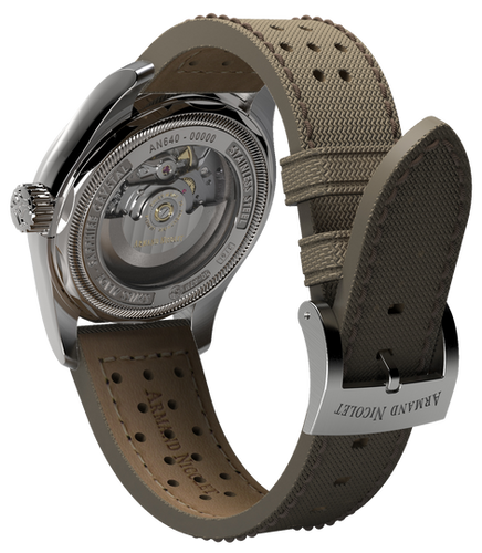 mechanical automatic green and orange watch with khaki canvas strap