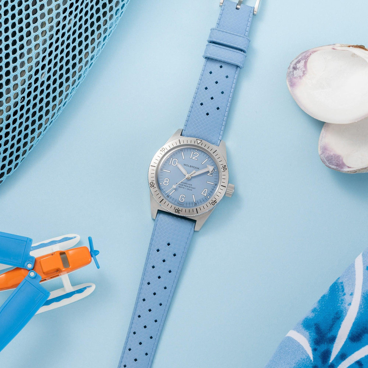 Skindiver Automatic Watch – Sky Blue - White "Tropic" Rubber Strap