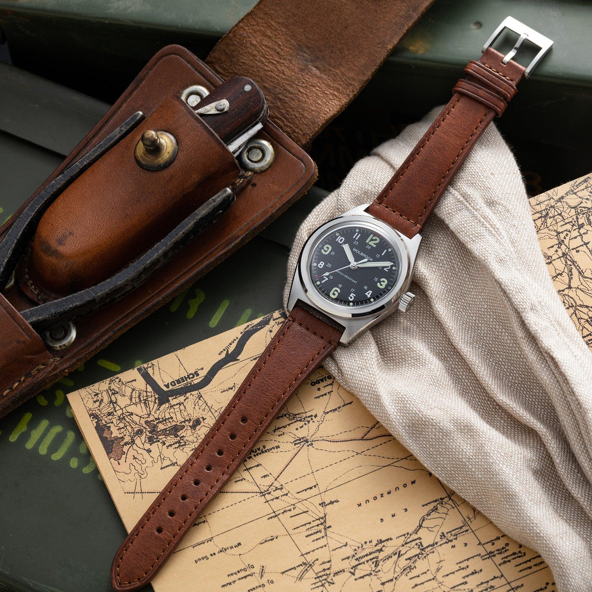 Outrider Automatic Watch – Black Dial, No Date - Brown Leather Strap