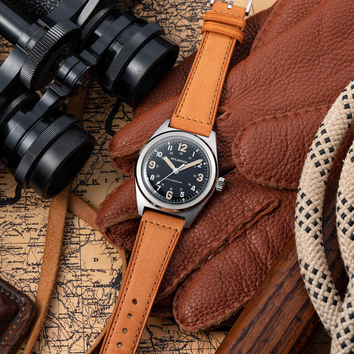Outrider Automatic Watch – Black Vintage, No Date - Camel Leather Strap
