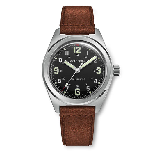 Outrider Automatic Watch – Black Dial, No Date - Brown Leather Strap