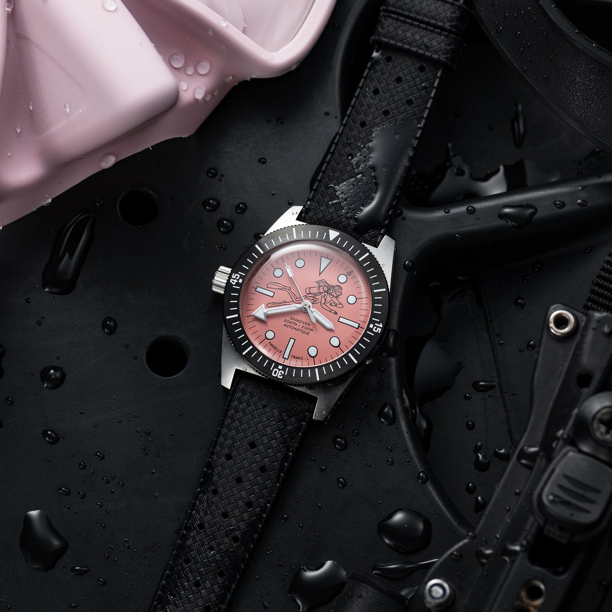 Skindiver Automatic 38 mm Dive Watch - Pink October Edition - Black "Tropic" Rubber Strap