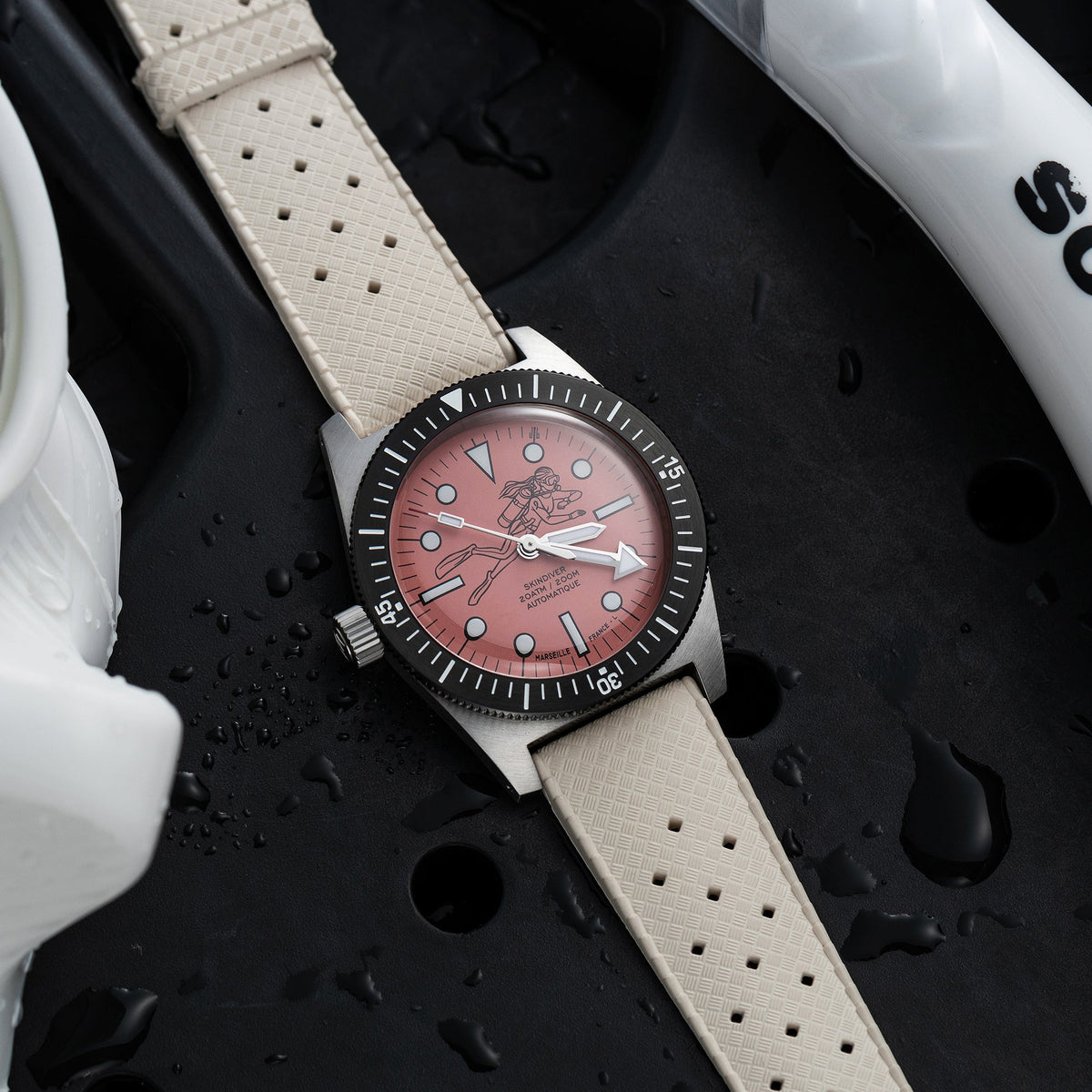 Skindiver Automatic 38 mm Dive Watch - Pink October Edition - Black "Tropic" Rubber Strap