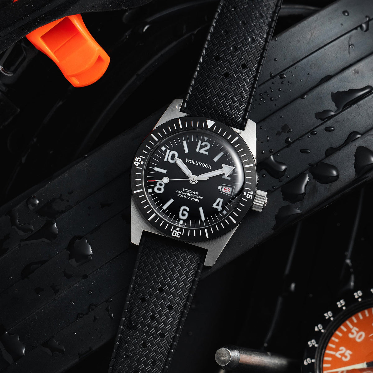Skindiver Automatic 38 mm Even Numerals Dive Watch - White Lume - Black "Tropic" Rubber Strap