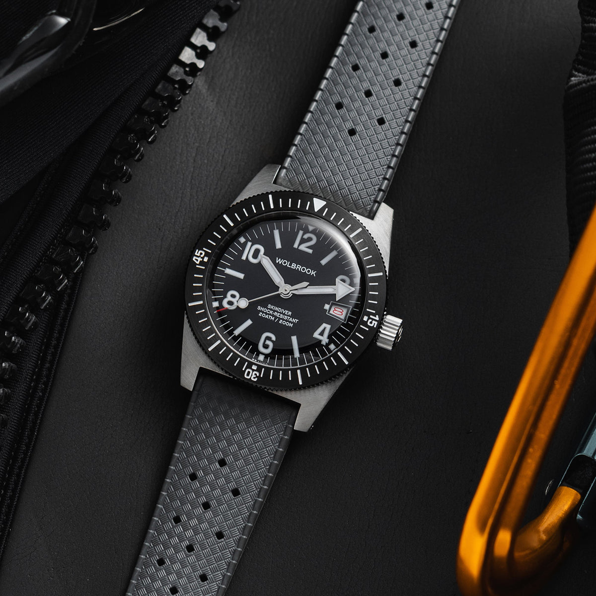 Skindiver Automatic 38 mm Even Numerals Dive Watch - White Lume - Black "Tropic" Rubber Strap