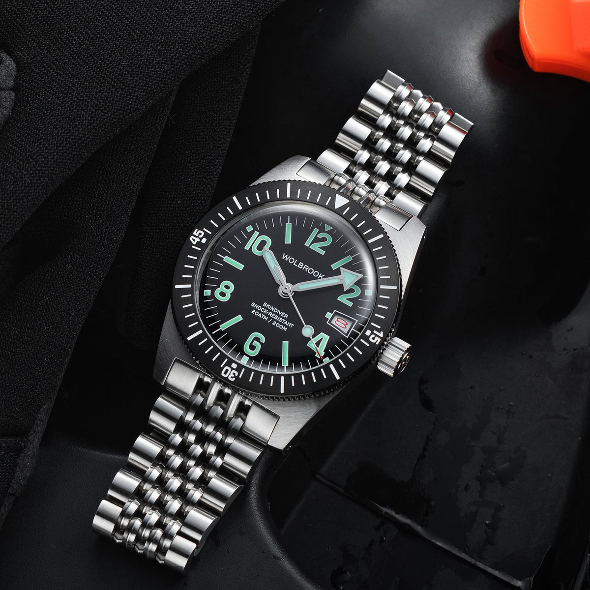 Skindiver Automatic 38 mm Even Numerals Dive Watch - Green Lume - Black "Tropic" Rubber Strap