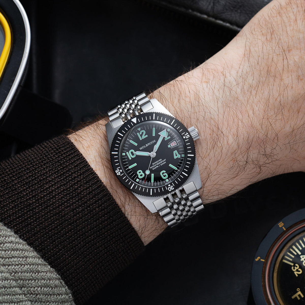 Skindiver Automatic 38 mm Even Numerals Dive Watch - Green Lume - Black "Tropic" Rubber Strap