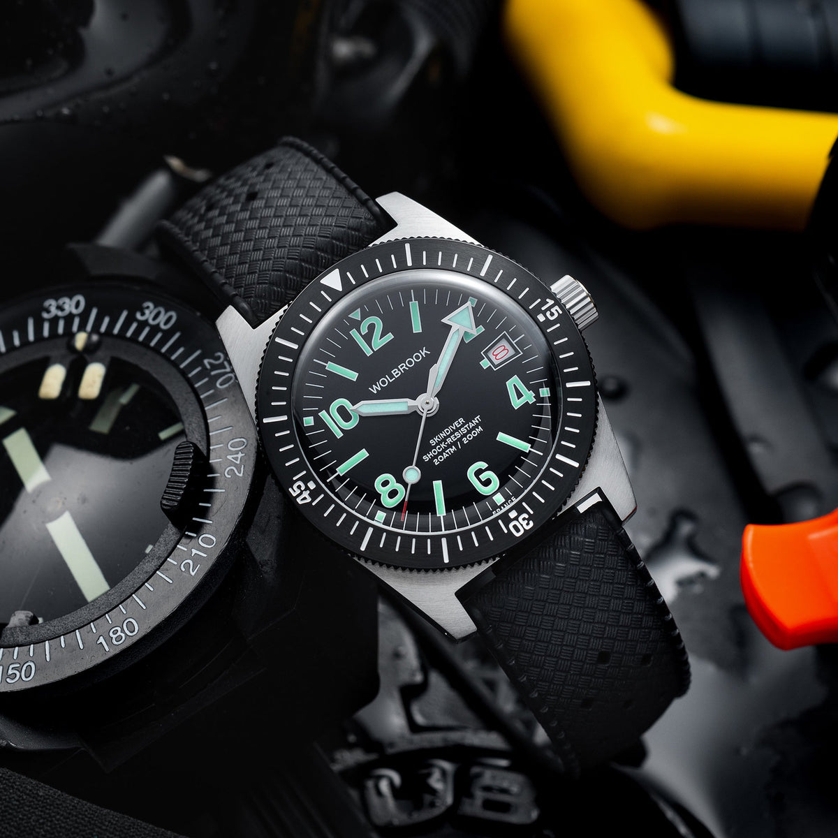Skindiver Automatic 38 mm Even Numerals Dive Watch - Green Lume - Black "Tropic" Rubber Strap