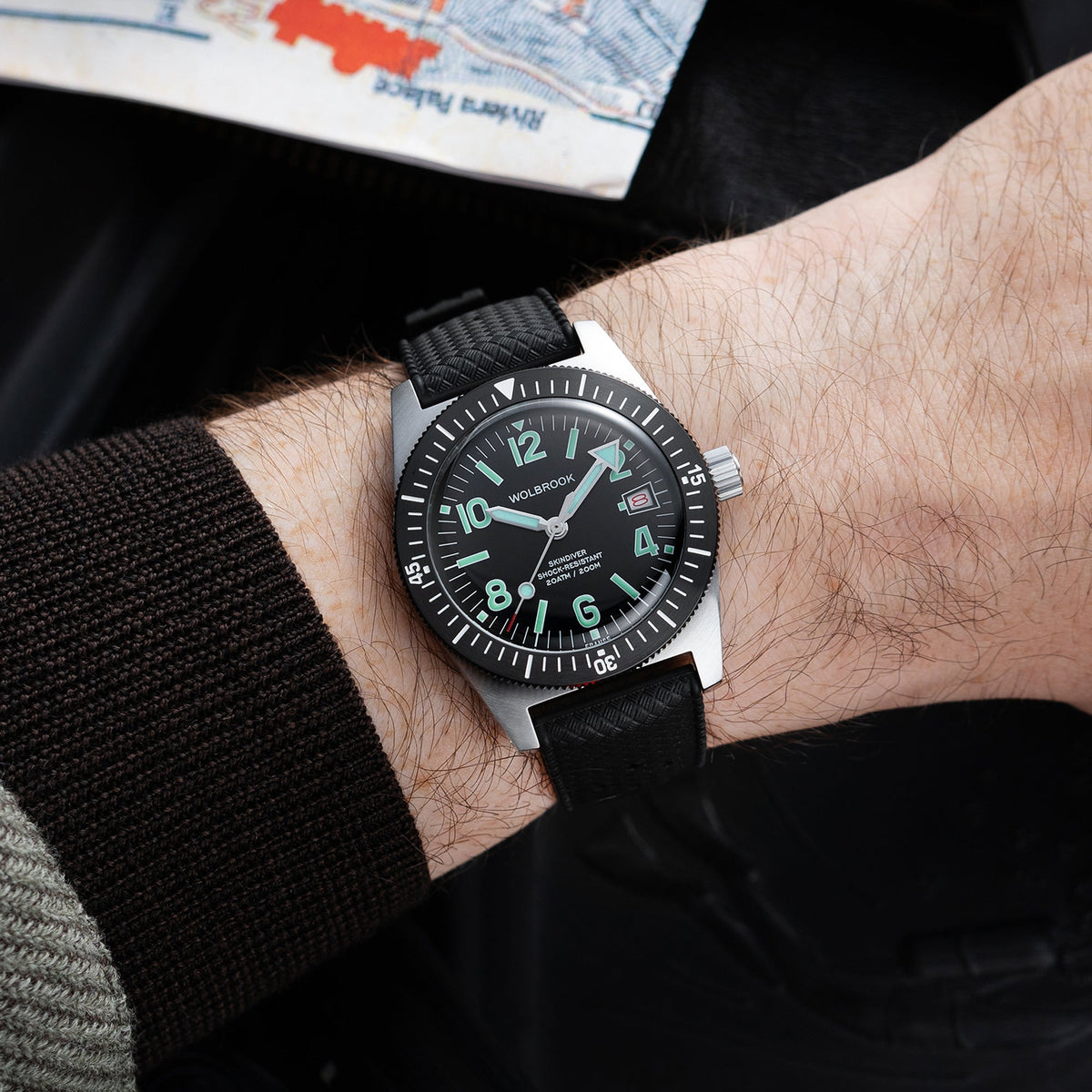 Skindiver Automatic 38 mm Even Numerals Dive Watch - Green Lume - Black "Tropic" Rubber Strap