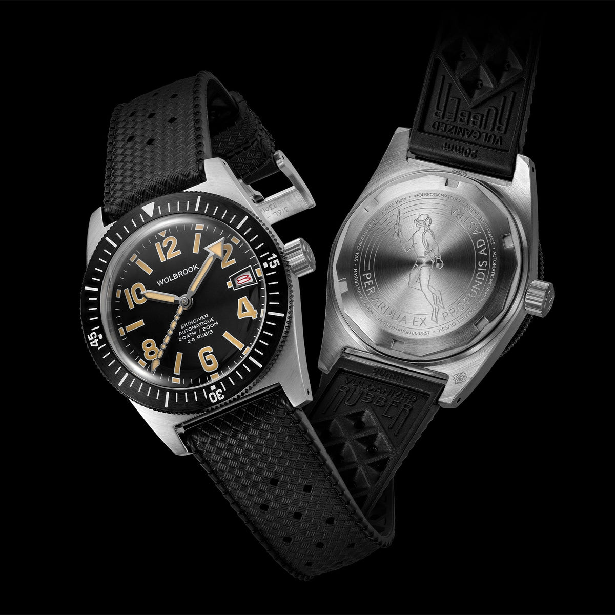 Skindiver Automatic 38 mm Even Numerals Dive Watch - Cédric Dodane Edition - Black "Tropic" Rubber Strap