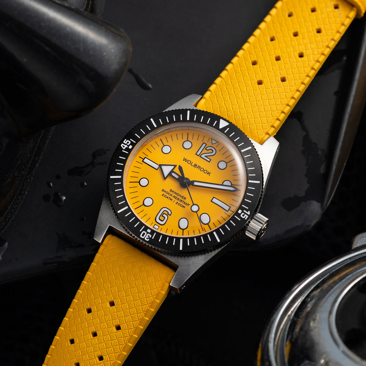 Skindiver Automatic 38 mm Jumbo Dive Watch - Yellow - Black "Tropic" Rubber Strap