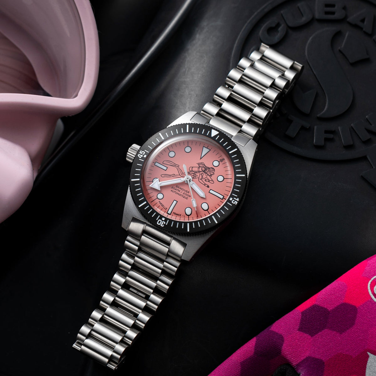 Skindiver Automatic 38 mm Dive Watch - Pink October Edition - Black "Tropic" Rubber Strap