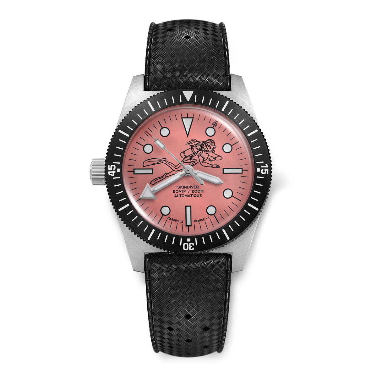 Skindiver Automatic 38 mm Dive Watch - Pink October Edition - Black "Tropic" Rubber Strap