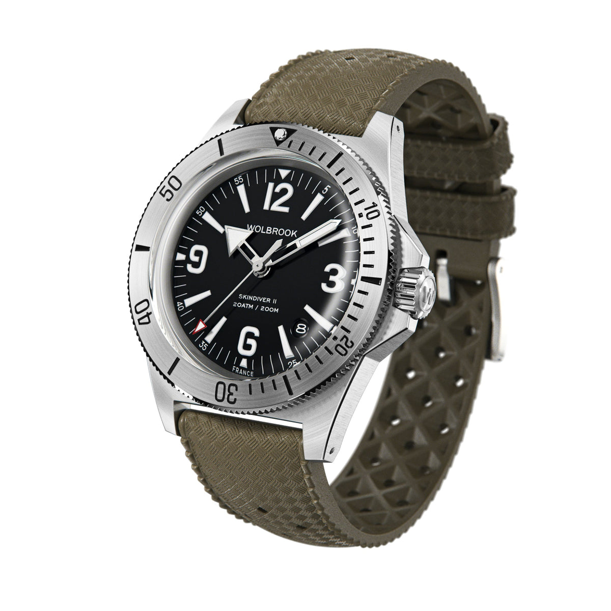 Skindiver II Automatic Dive Watch - White Lum & Black Dial - Military Green "Tropic" Rubber Strap