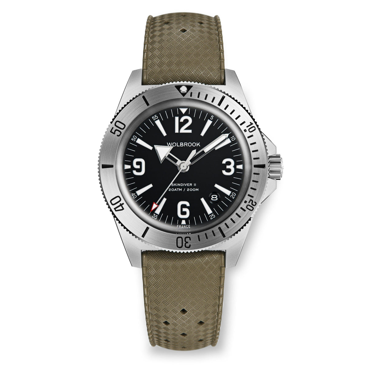 Skindiver II Automatic Dive Watch - White Lum & Black Dial - Military Green "Tropic" Rubber Strap