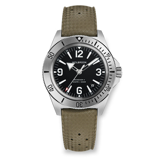 Skindiver II Automatic Dive Watch - White Lum & Black Dial - Military Green "Tropic" Rubber Strap