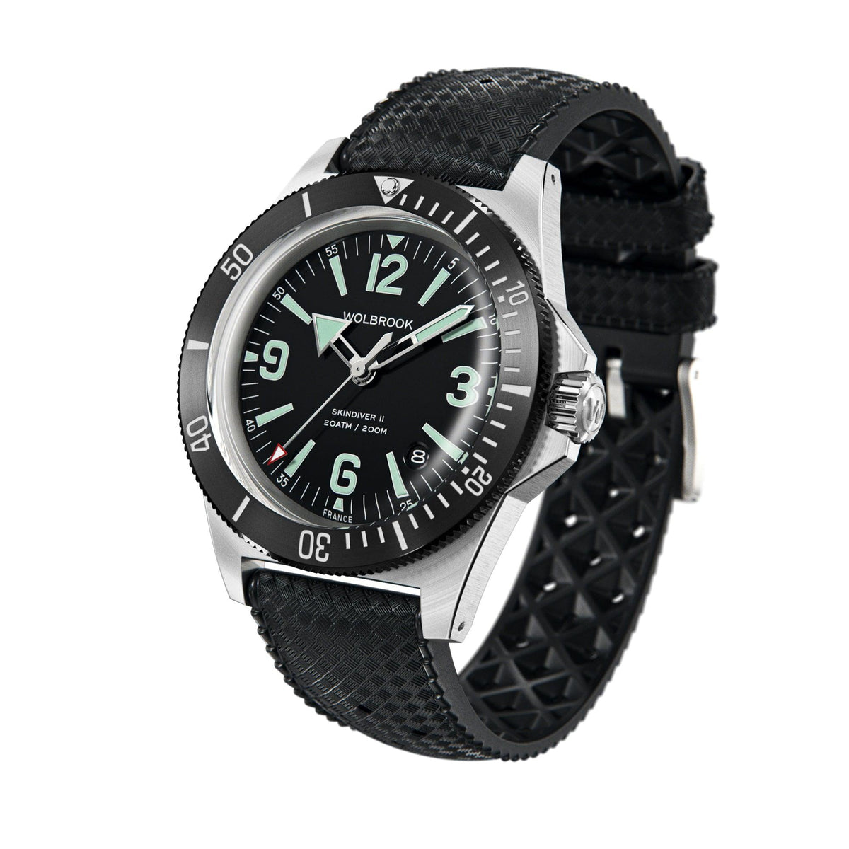 Skindiver II Automatic Dive Watch - Green Lum & Black Dial - Black "Tropic" Rubber Strap