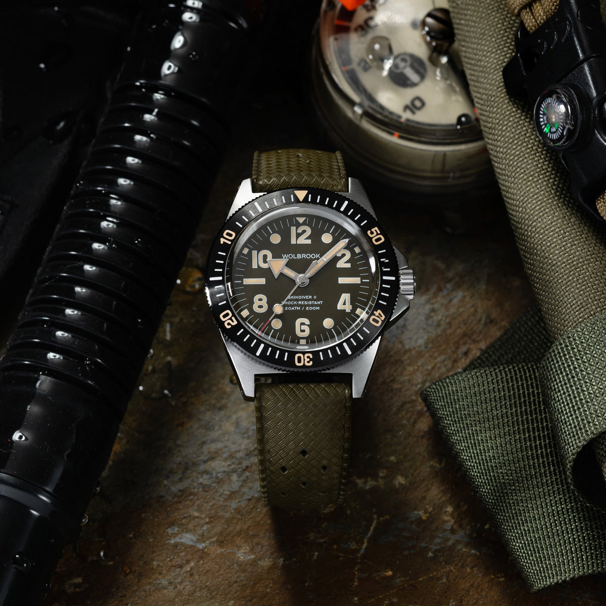 Skindiver II Automatic Dive Watch - "Jumbo Indices" Green Dial - Green "Tropic" Rubber Strap