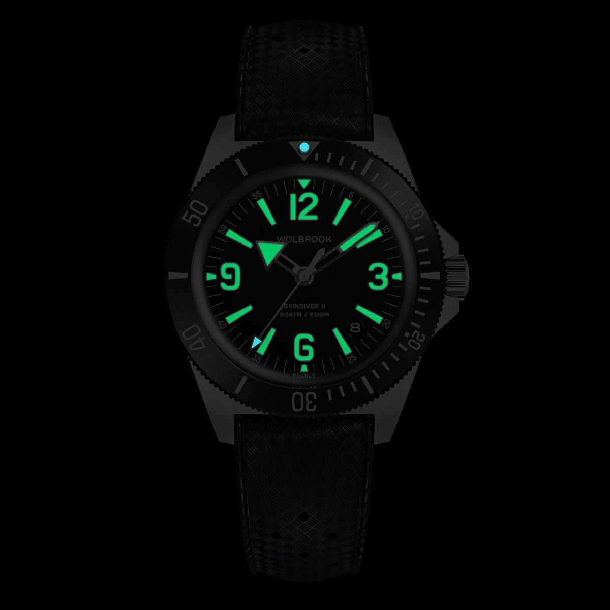 Skindiver II Automatic Dive Watch - Green Lum & Black Dial - Black "Tropic" Rubber Strap