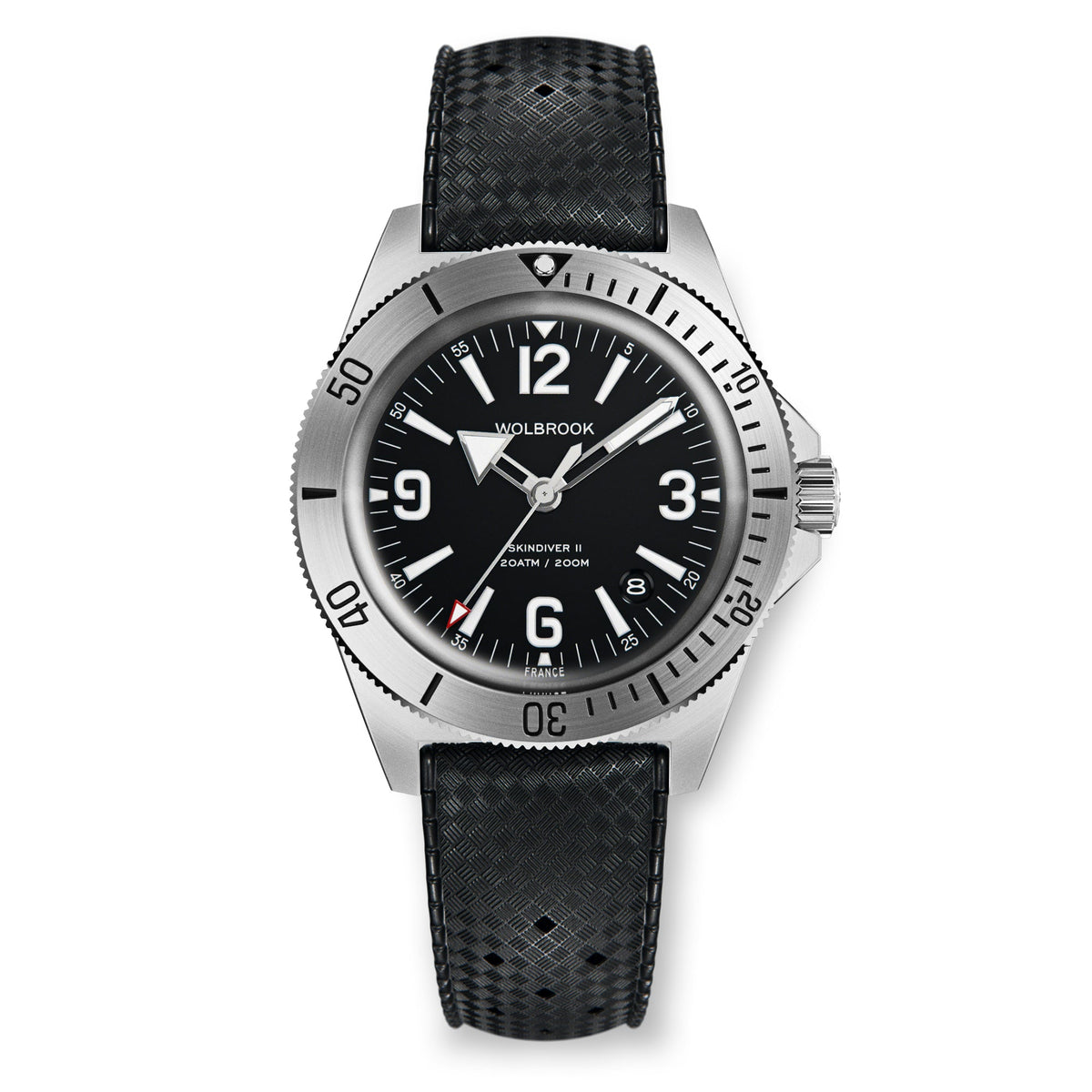 Skindiver II Automatic Dive Watch - White Lum & Black Dial - Military Green "Tropic" Rubber Strap
