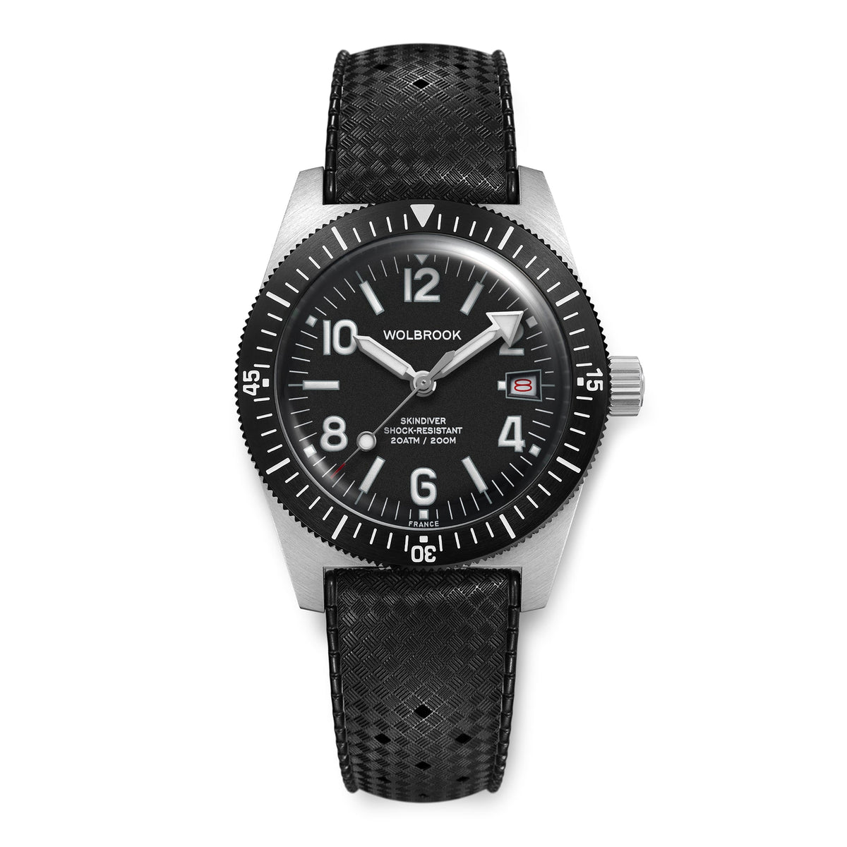 Skindiver Automatic 38 mm Even Numerals Dive Watch - White Lume - Black "Tropic" Rubber Strap