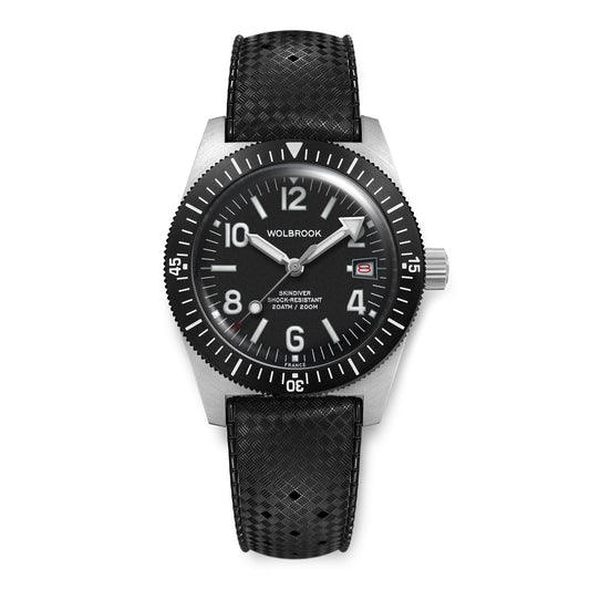 Skindiver Automatic 38 mm Even Numerals Dive Watch - White Lume - Black "Tropic" Rubber Strap