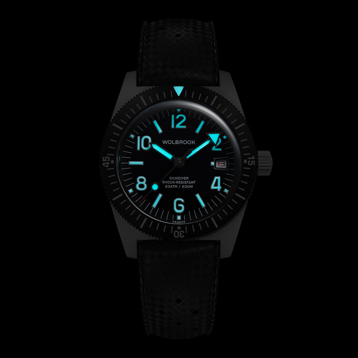 Skindiver Automatic 38 mm Even Numerals Dive Watch - White Lume - Black "Tropic" Rubber Strap