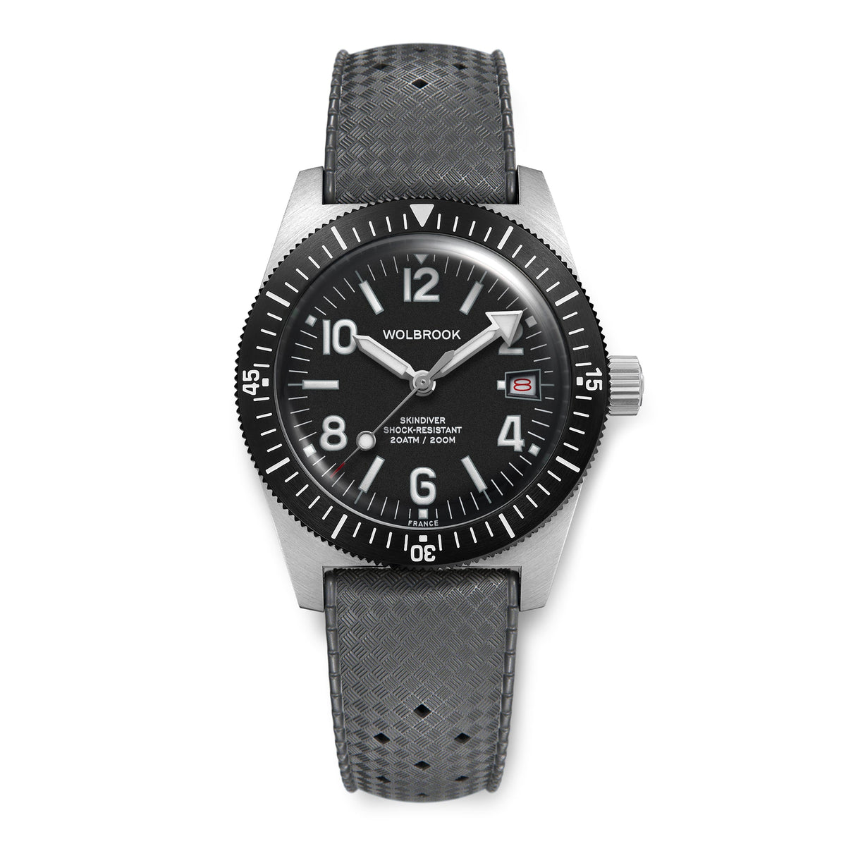 Skindiver Automatic 38 mm Even Numerals Dive Watch - White Lume - Black "Tropic" Rubber Strap