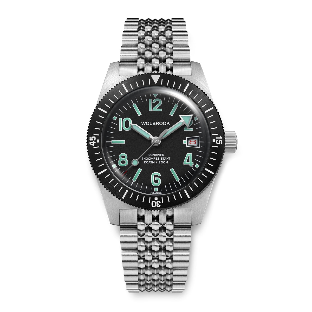 Skindiver Automatic 38 mm Even Numerals Dive Watch - Green Lume - Black "Tropic" Rubber Strap
