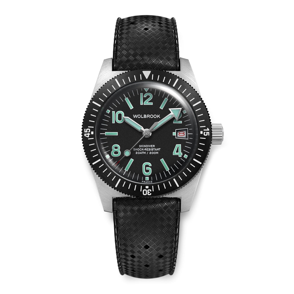 Skindiver Automatic 38 mm Even Numerals Dive Watch - Green Lume - Black "Tropic" Rubber Strap